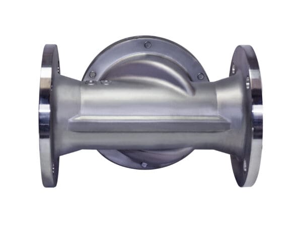 Stainless steel pipe fitting with flanges.